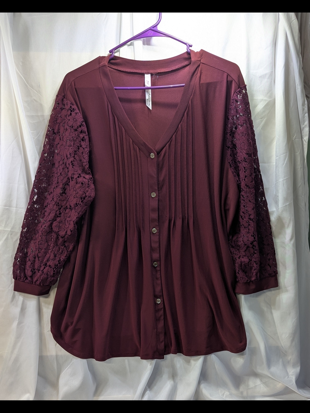 NY Collection Women’s Lace-Sleeve Button Front Pleated Top in Burgundy Size 2XL